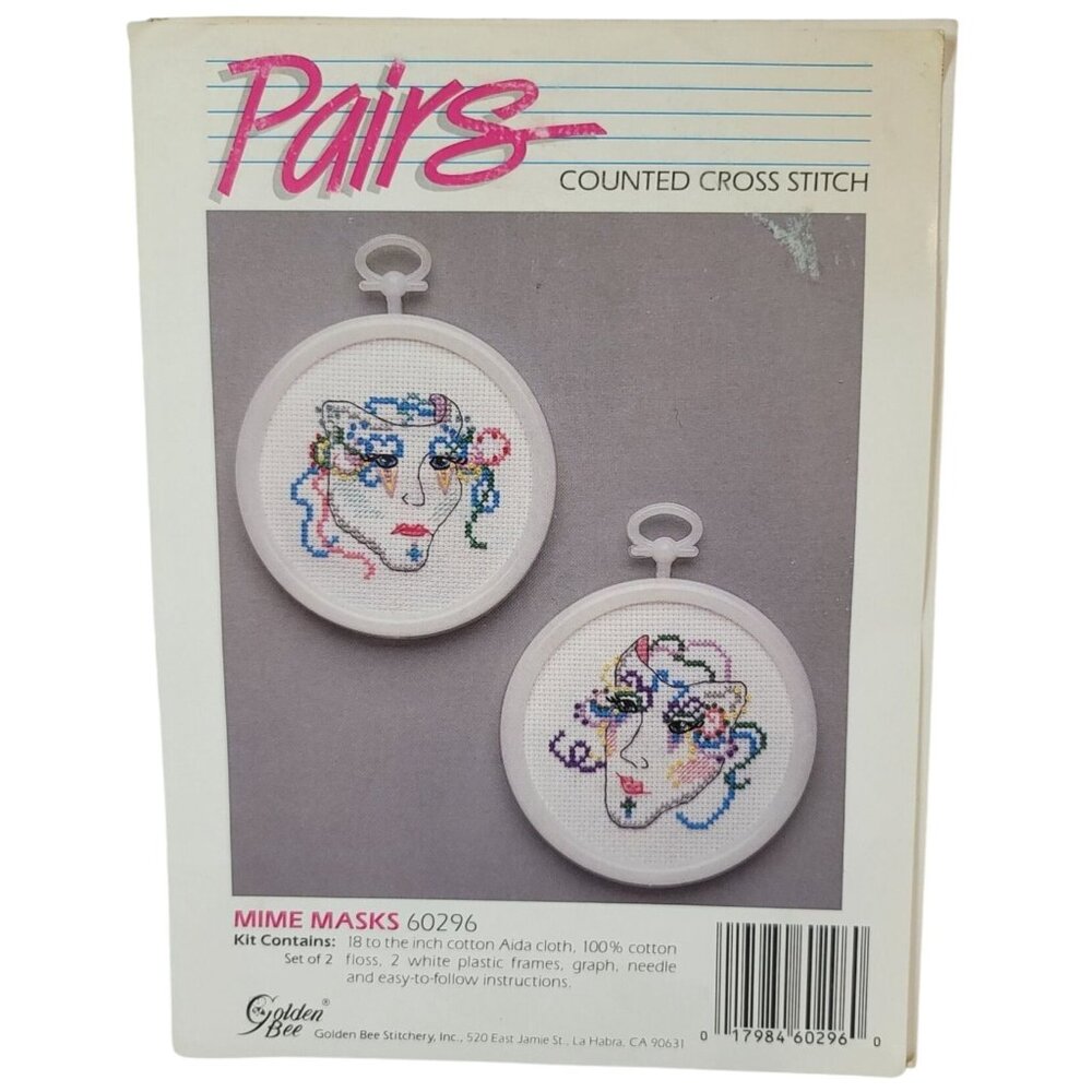 Golden Bee Mardi Gras Cross Stitch Mime Masks Pairs #60296 Frame Vintage